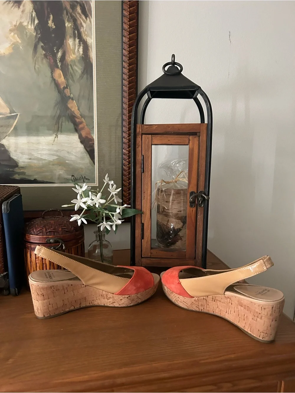 Joan & David Coral-Orange Suede Peep-Toe Slingback Wedges